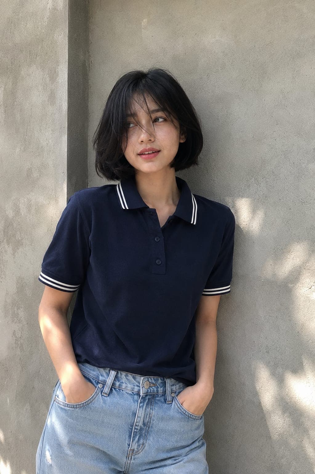 Women Navy Blue Tipped Polo T Shirt